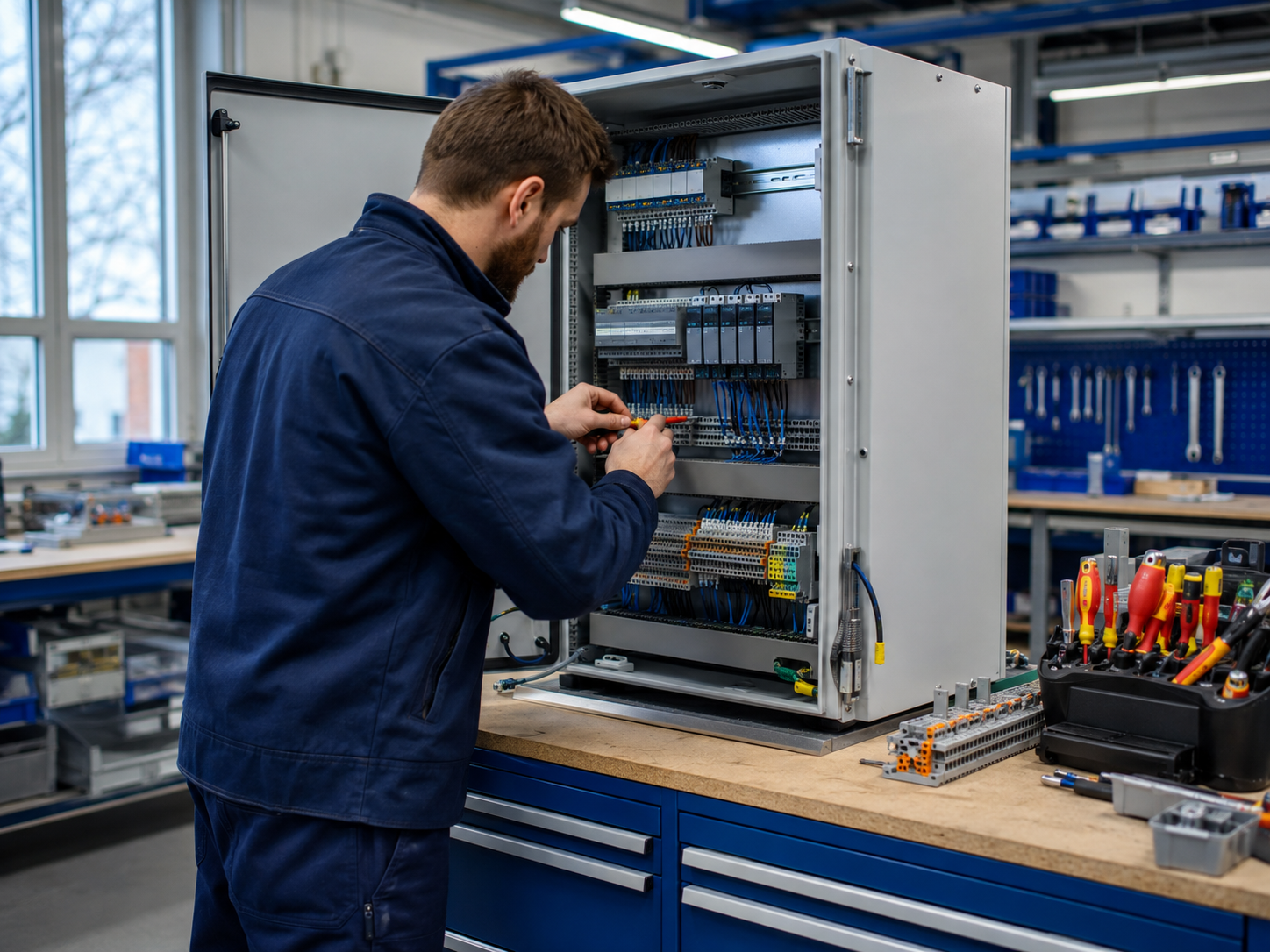 Technicien CLIPE assemblant une armoire de régulation en atelier